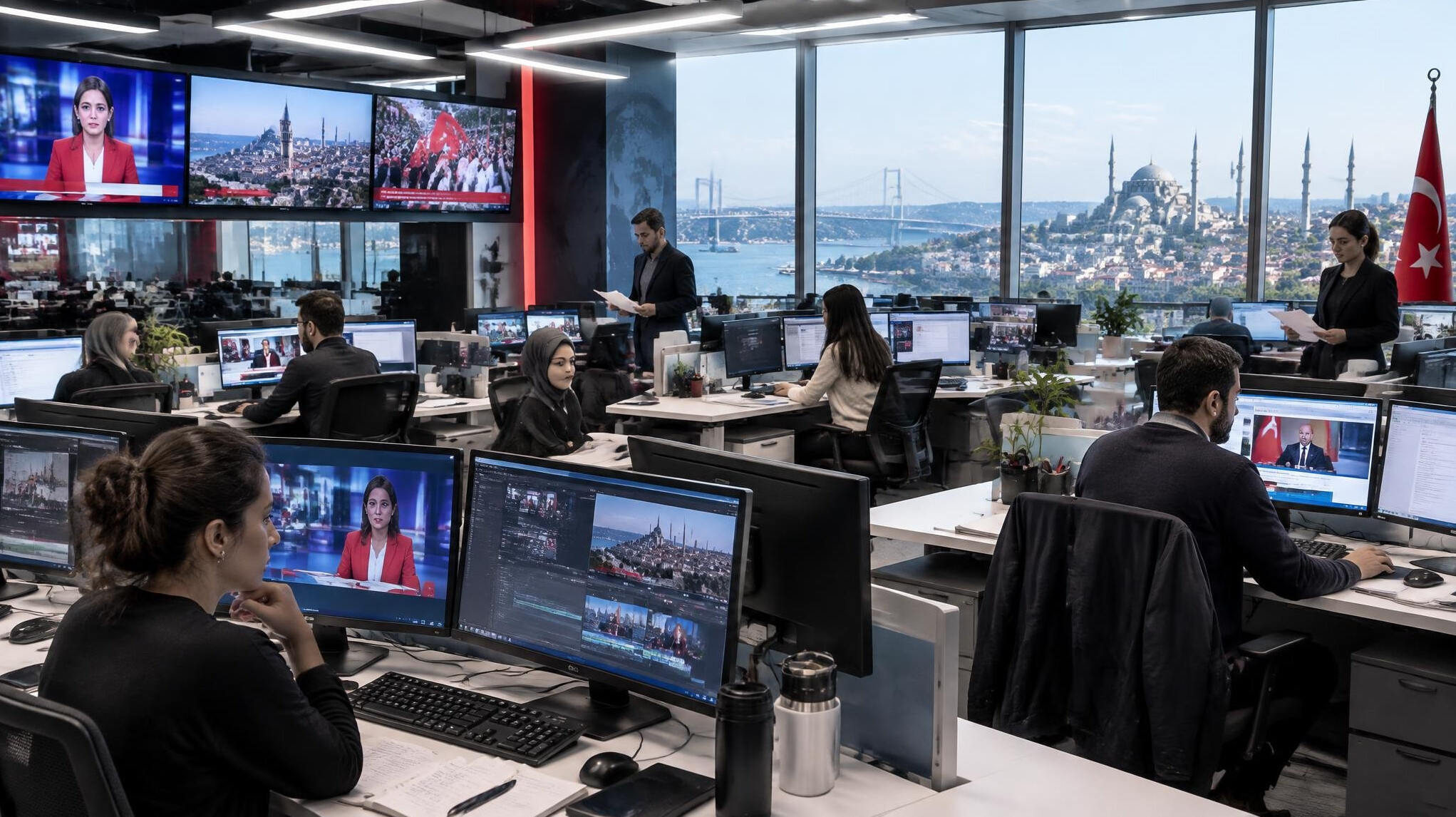 Journalists working in a modern newsroom with monitors