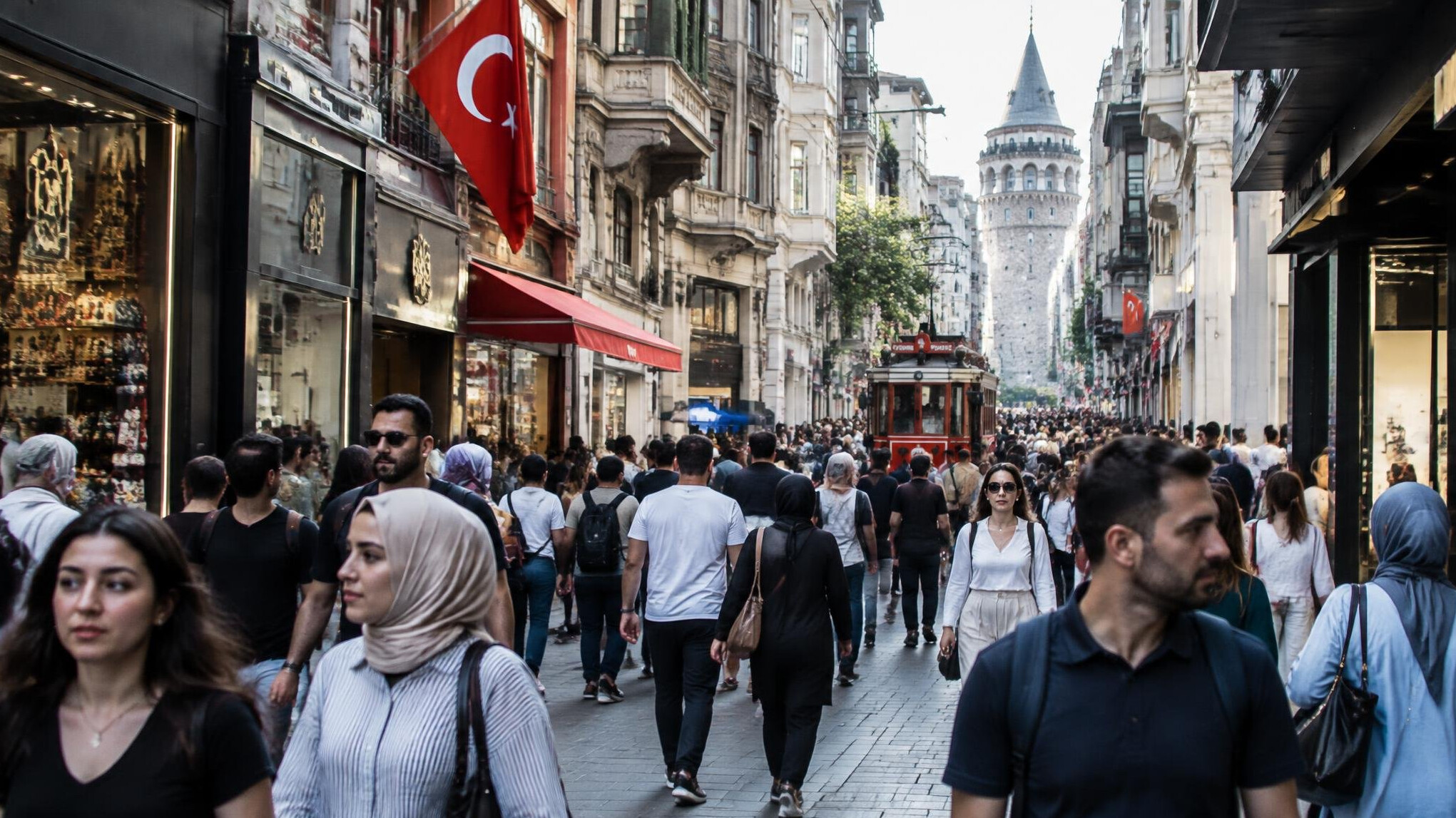 Crowded city street with pedestrians in Turkey