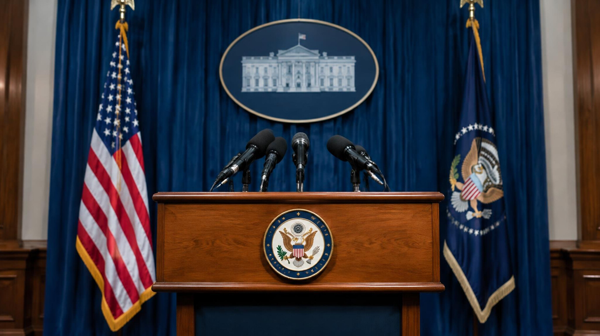 Podium with microphones at a government press conference