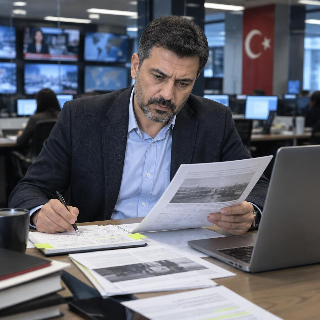 Journalist reviewing documents and fact-checking notes
