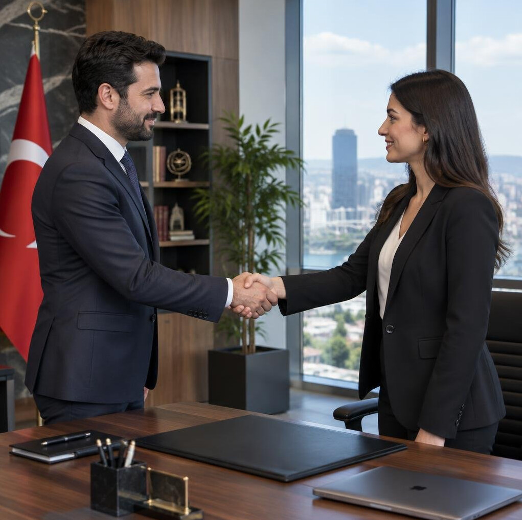 Two business people shaking hands in an office